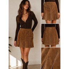 Brown Genuine Suede Leather A-Line Skirt Paneled Western 90s 10P