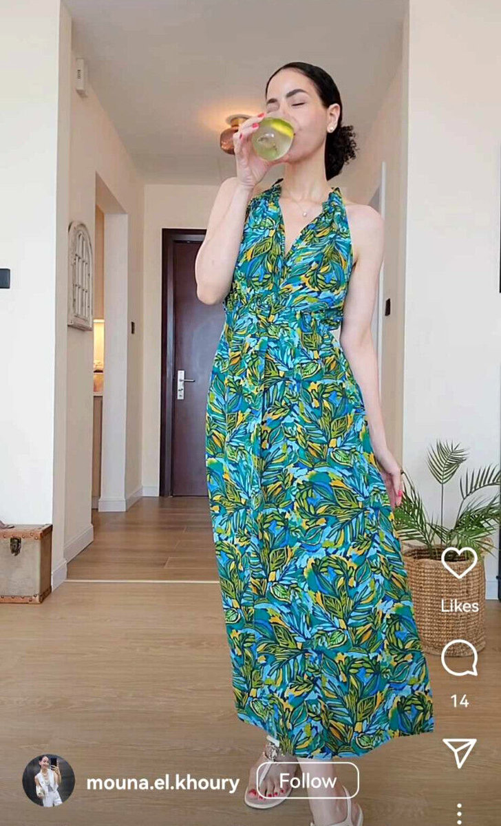 ZARA Blue Green Floral Leaf Tropical Print Open Back Maxi Summer Dress Size  M 12 | eBay UK