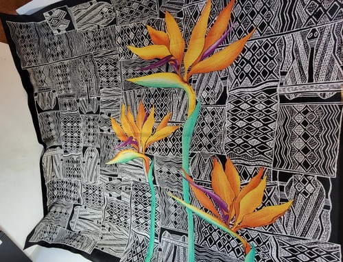 Colorful Bird Of Paradise Scarf with Black and White Geometric Background 30" - Picture 2 of 10