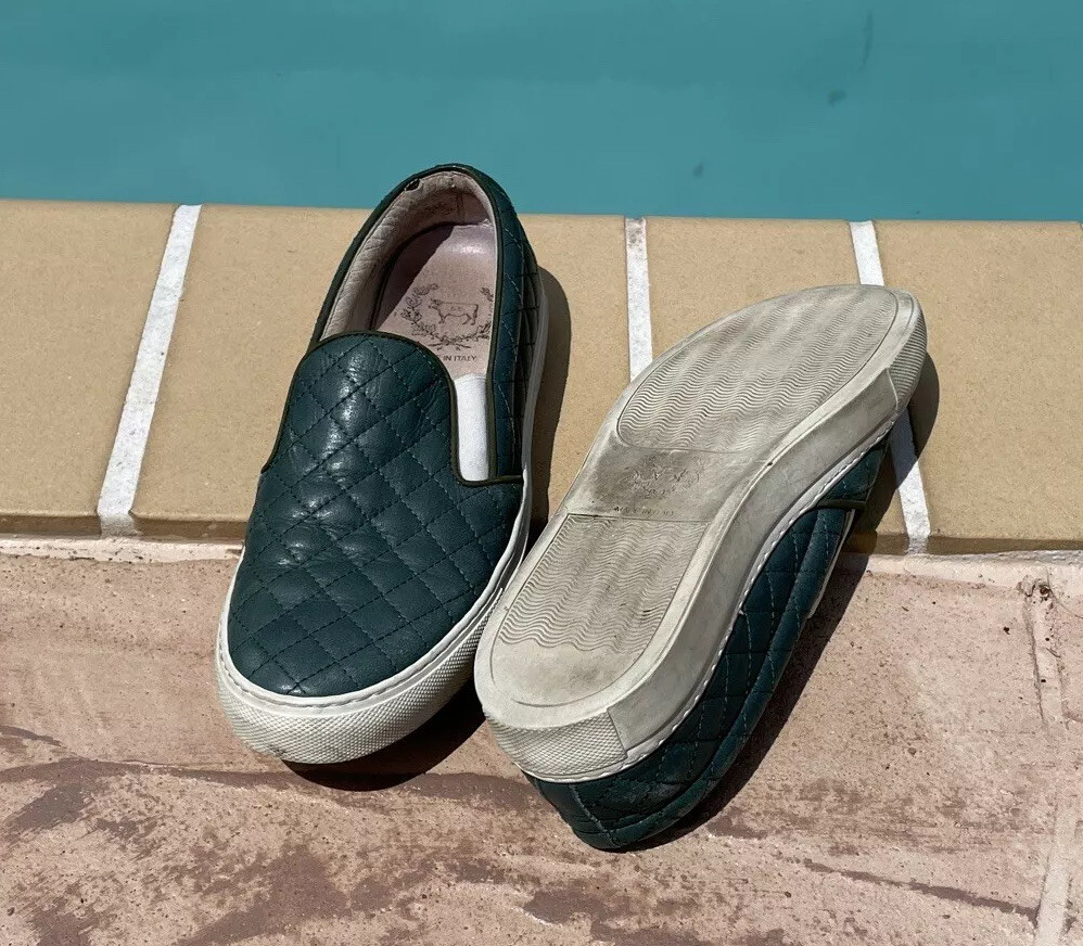 Del Toro Green Quilted Leather Slip On Sneakers Sz 8 Made In Italy