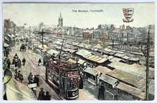 Norfolk, Great Yarmouth, The Market Postcard. 1906. Electric Tram, Market Stalls