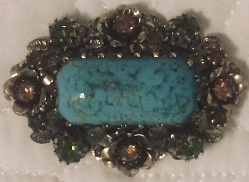 BROCHE COLGANTE DE PIEDRA TURQUESA TONO ORO/PLATA ANTIGUA JOYERÍA DE PATRIMONIO - Imagen 2 de 5