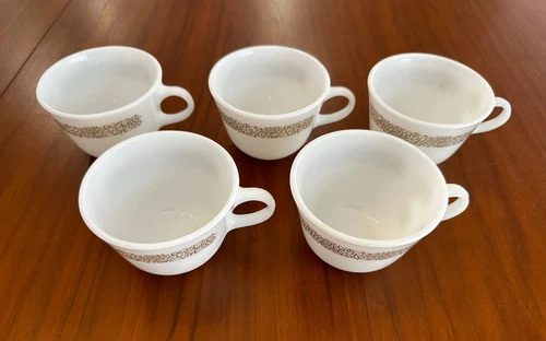 Vintage Pyrex Corning "Woodland Brown" Set Of {5} Coffee/Tea Cups UNUSED!