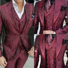 Burgundy Jacquard Men's Suits 3 Pieces Wide Peak Lapel Wedding Groom Tuxedos