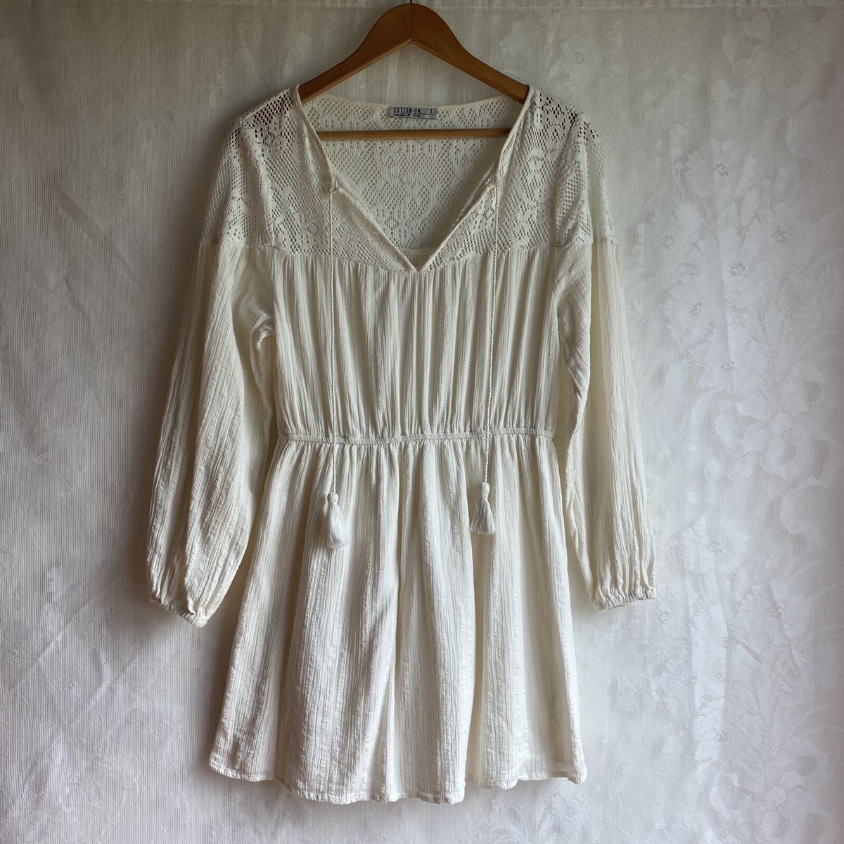 Cotton On 100% Cotton Long Sleeve Ivory White Dress Boho Eyelet Womens  Small S | eBay