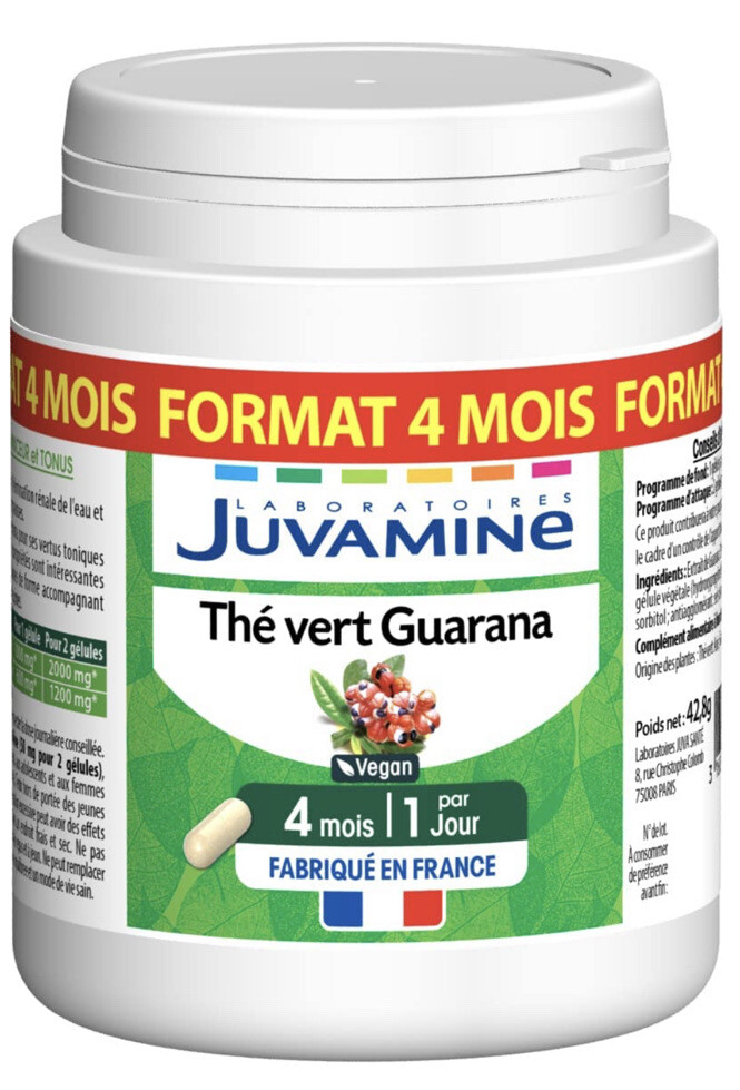 Thé vert Guarana Juvamine maxi format de 120 gélules pour un programme minceur de 4 mois