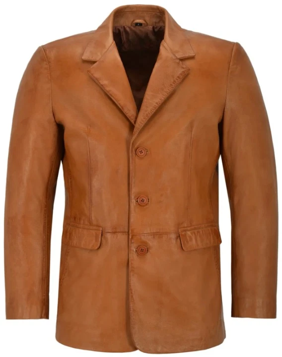 New Men's Leather Blazer TAN Lambskin Real leather Slim Fit 3 Button Coat blazer
