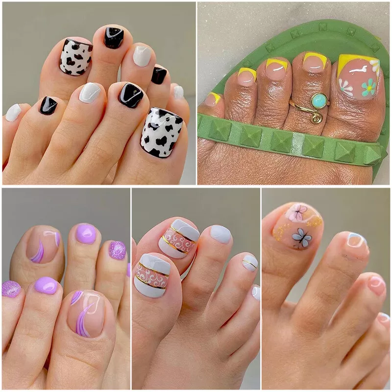 24x False Toenails With Glue French Manicure Fake Press On Full Cover Toe Nails