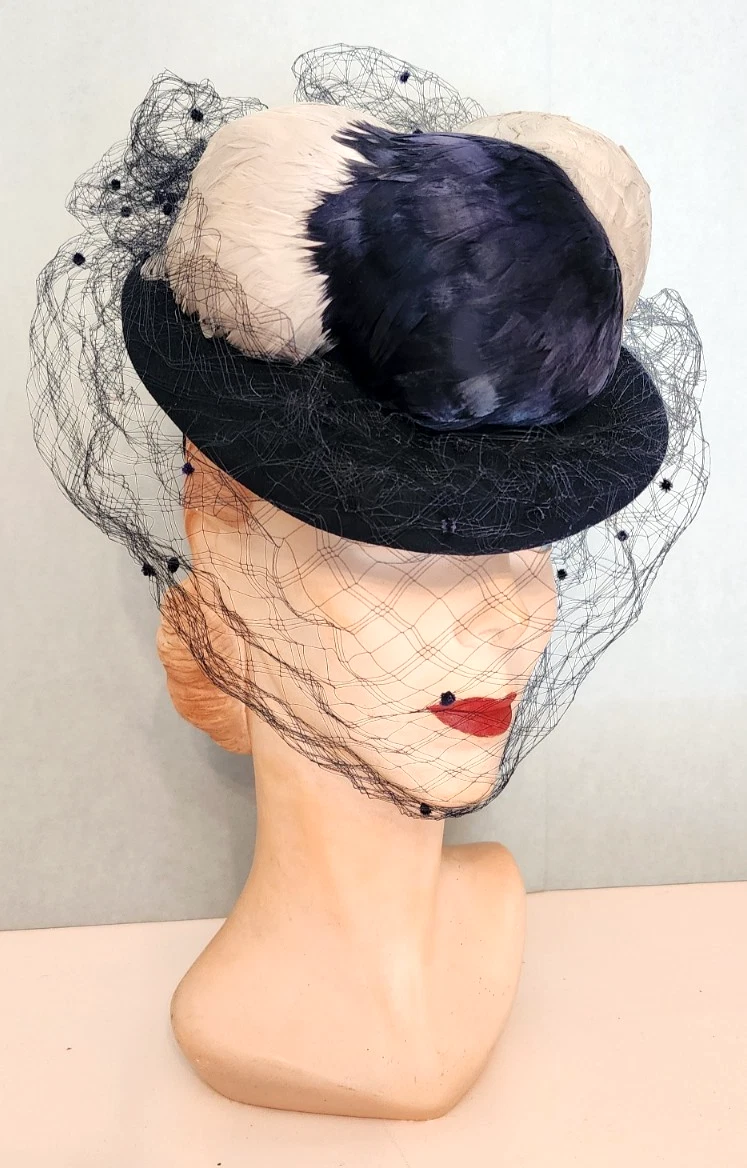 Vintage Elegant Black Veiled Hat‎ Union Made in the USA Black mourning hat veiled - Gem main image 2