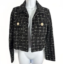 Sincerely Jules Black White Tweed Cropped Jacket Blazer M Pearl Button Coquette