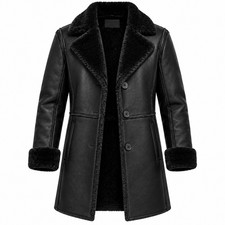 Mens Genuine Leather Shearling Coat Black Brown Fur Lined Winter Jacket