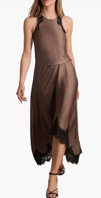Reiss Anais Lace Trim Satin Dress,mocha Brown, Sz 10, New