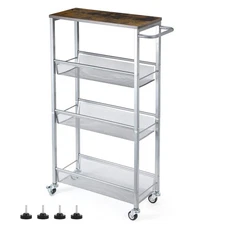 Slim Rolling Cart Narrow with Wood Top and Metal Handle Kitchen Storage