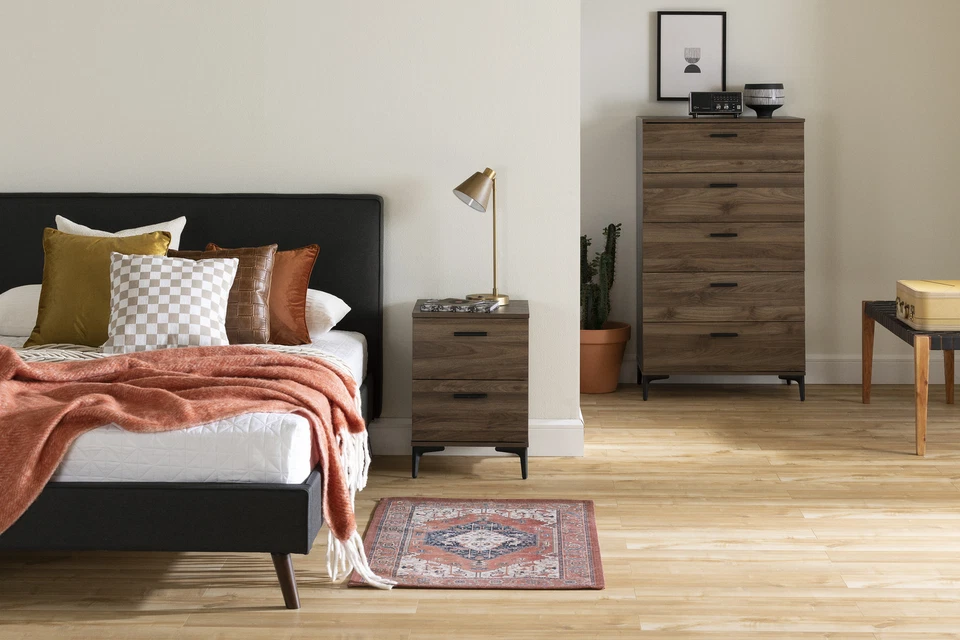 Mesita de noche South Shore Musano de 2 cajones con patas de metal nogal natural Foto 3 de 4