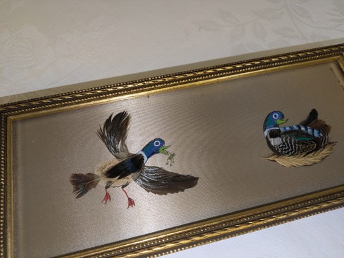 Vintage Pair Of Ducks Feather Relief Detail Picture Artworks Framed Asian Signed - Picture 4 of 10