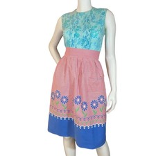 1950s Pink Blue Floral Half Apron Ric Rac Trim Vintage