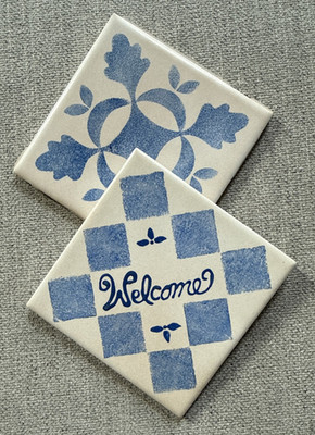Set of 2 Hand Painted 4.25  Square CERAMIC TILES Blue White Welcome Stencil Vtg