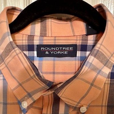 ROUNDTREE & YORKE (Dillard s) Mens New Peach Plaid Long Sleeve Button Down Shirt