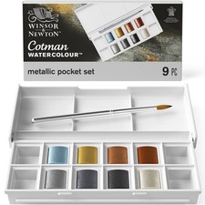 Winsor  Newton Cotman Watercolour 8 Half Pan Metallic Pocket Set w/Brush NEW 