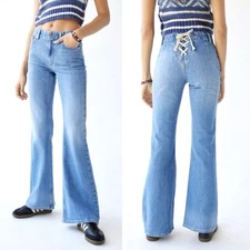 Urban Outfitters Lace Up Back Light Wash Flare Denim Jeans 24 00 70's Inspired