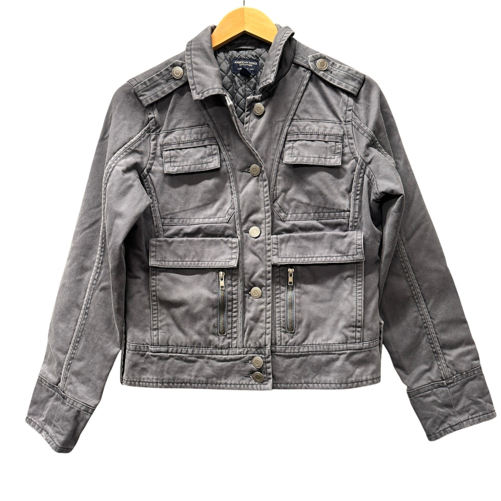 American Eagle Jacket Womens Medium Gray Button Up Quilted Liner Utility Field