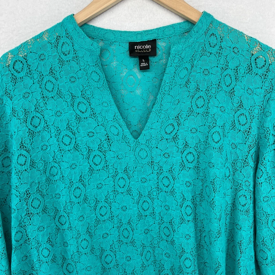 Top NICOLE MILLER L Encaje Floral Transparente Cuello en V Mezcla de Algodón Manga 3/4 Verde Foto 3 de 4