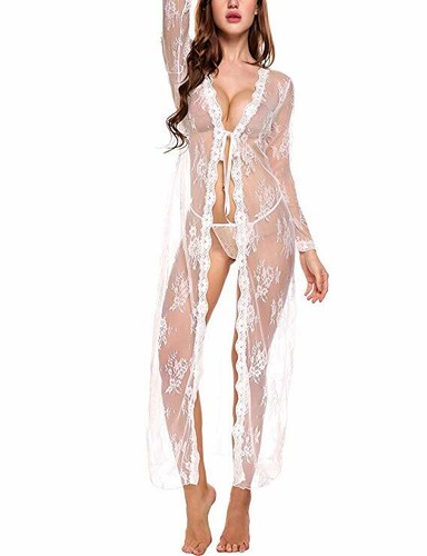 Women Sexy Lingerie See Through Lace Dress Sleepwear Sheer Kimono Robe Nightwear - Picture 21 of 40