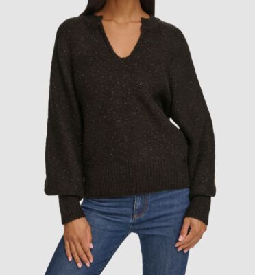 Karl Lagerfeld Paris Women's Black Metallic Split-Neck Sweater Size L