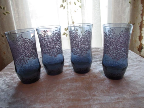VTG LIBBEY 1970'S PURPLE LOTUS TUMBLERS 6" TALL SET OF 4