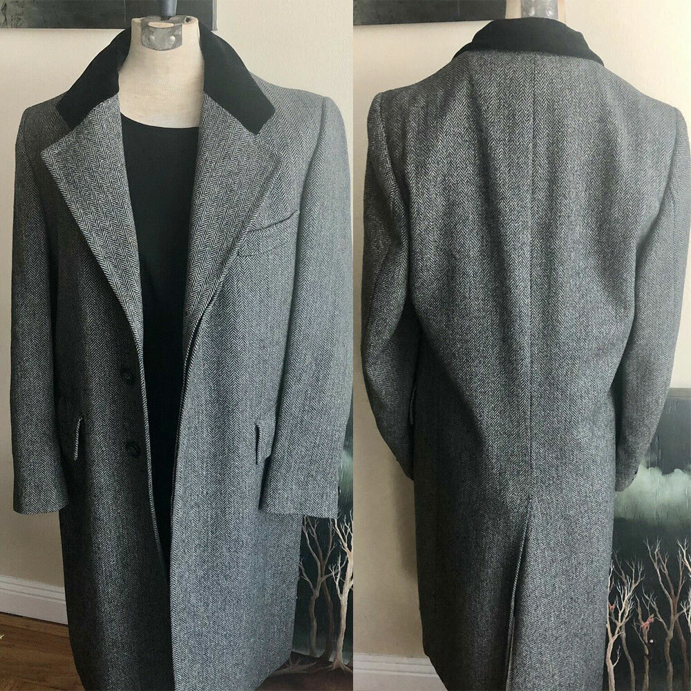 Men’s Vintage Overcoat Gray Herringbone Wool Outwear Business Wedding Jacket