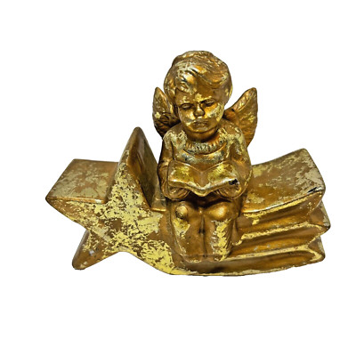 Vintage Angel on Star Christmas Candlestick Holder Gold 4.5 x 3.75 x 2.5''