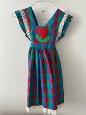 Vintage Ellen Miklas Girls Plaid Pinafore Dress With Tulip Applique Lace Trim