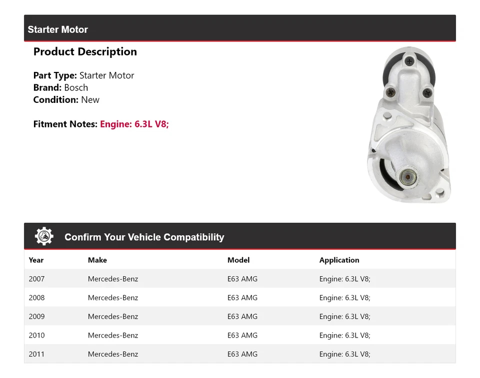 Motor De Arranque Bosch Para Mercedes E63 AMG 2007-2011 6,3 L V8 (Nuevo) 2008 2009 2010 Foto 2 de 4