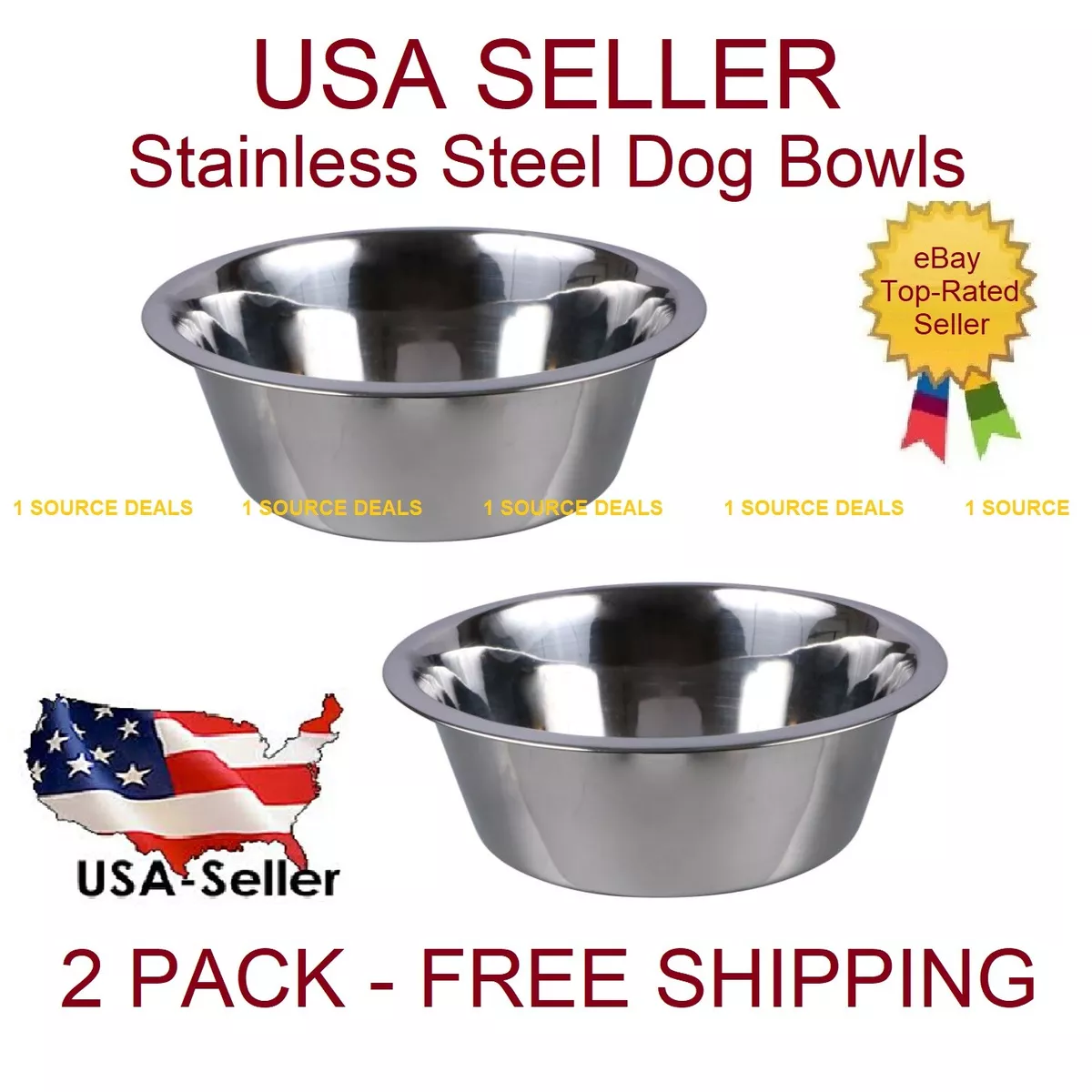 2) Stainless Steel Dog Cat Pet Bowl Large 52.4 oz Food or Water Bowl Dish