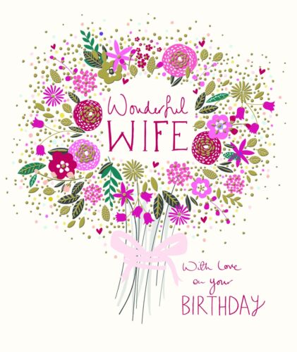 Flowering Bouquet Wonderful Wife Birthday Greeting Card - Peach and Prosecco - Picture 1 of 1