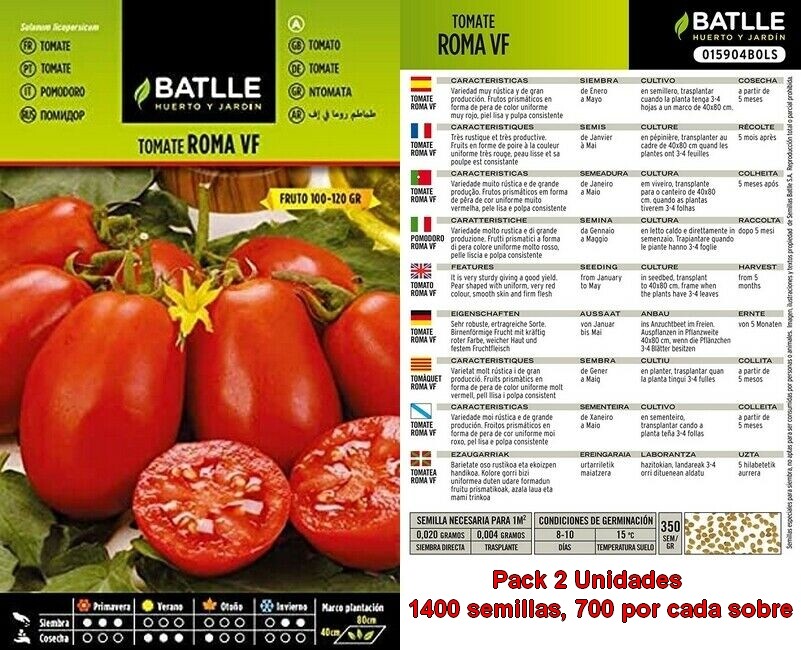 Batlle 2 Sobres Tomate Roma VF 1400 semillas (700 por sobre)huerto urbano,jardin