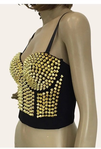 Women Cropped Top Corsets With Rivets Studs Size 40B Gold Black Stretch Bustiers - Picture 5 of 19