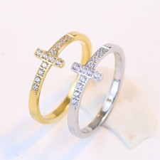 7mm Cross Silver Gold AAA CZ Band Women's 316L Stainless Steel Rings Size 6-12