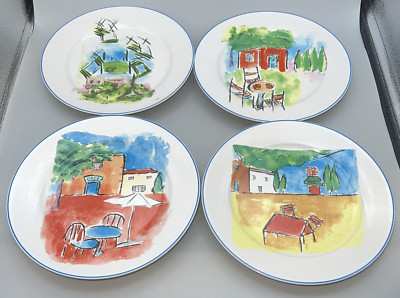 Set of 4 Rosanna Plates Garden/Cafe Scenes Color Art Dessert Salad 8 