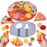 Kids Wooden Pizza Toy Kit 6 Slices Colorful Cutting Tools Tray Wooden Toys