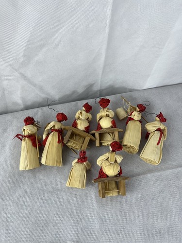 8 Vintage Corn Husk Dolls Handmade Art Red Apron Ornament Pioneer Amish Fall - Picture 8 of 11