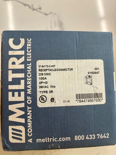 Meltric 37-64172-C-K07 Receptacle/Connector DS100C 100A 2P+G 250VAC 10hp