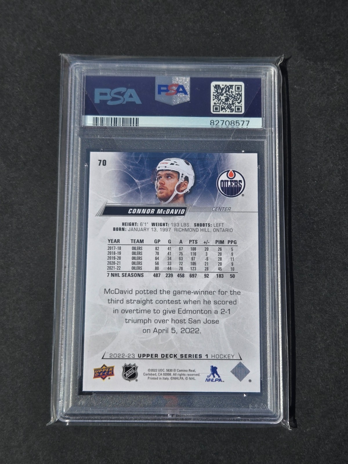 2022 Upper Deck UD #70 Connor McDavid PSA 10 GEM MT view 2
