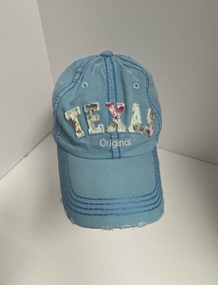 Robin Ruth Texas Original Baseball Cap Blue Distressed Floral Applique OSFM