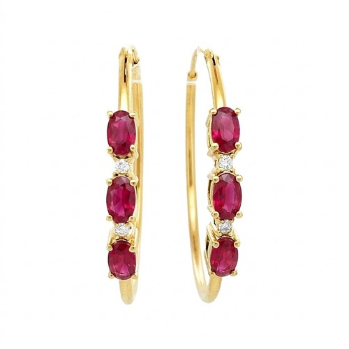Lab-Grown Ruby Diamond 32mm Hoop Earrings, 14K Gold Plated, With Certificate