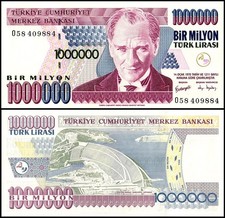 Turkey 1 Million Lira, L.1970 (1996-2006 ND), P-213a.1, UNC