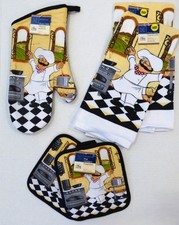New Home Collection Kitchen Linen Oven Mitt, Towels, Pot Holders Set of 5 Chef