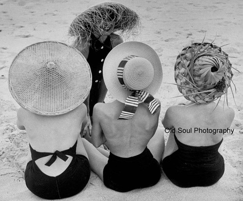 1950's Vintage Style Black and White Beach Photography Print Women Straw Hats