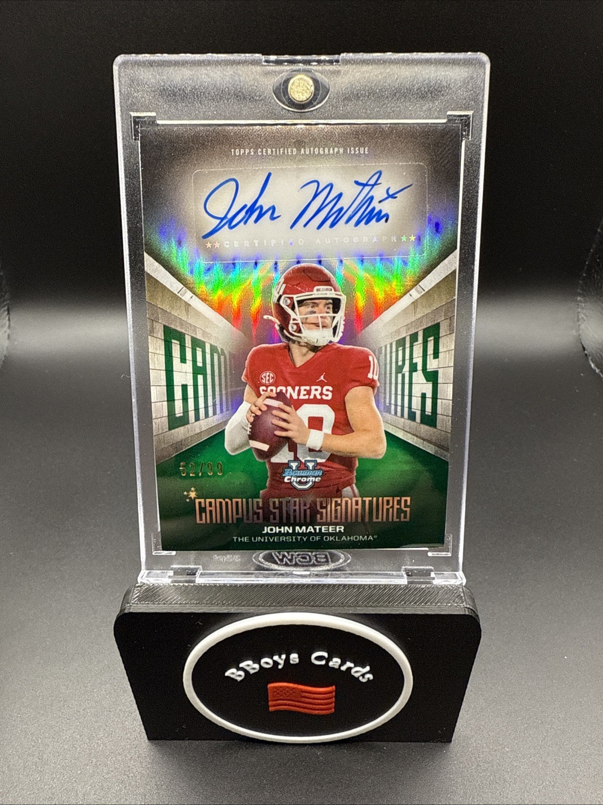 2025 Bowman Chrome U John Mateer Campus Star Green Refractor Auto /99 Oklahoma