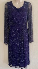 Patra Purple Beaded Mesh Dress Long Sleeve Elegant Evening Size 14 #221 NWT
